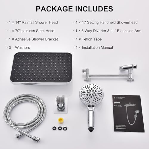 14 Inch Rainfall Shower Head with 8 Handheld Spray and Power Wash