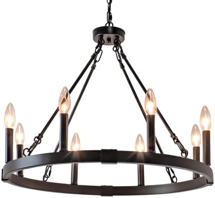 236 Inch Black Wagon Wheel Chandelier - 8 Light Farmhouse Pendant Light