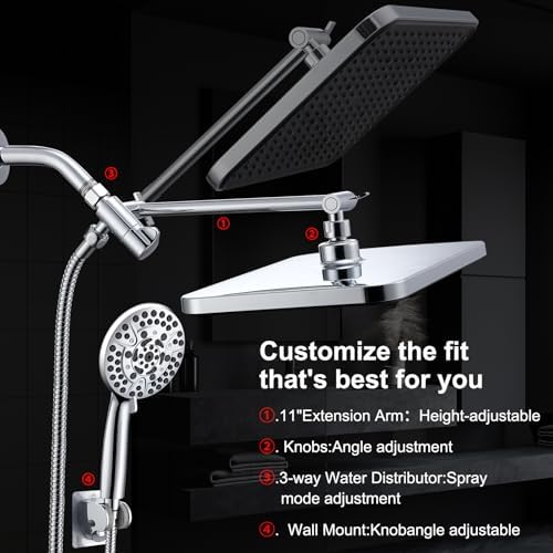 14 Inch Tandem Shower Head System with 10 Spray Modes and Adjustable Arm