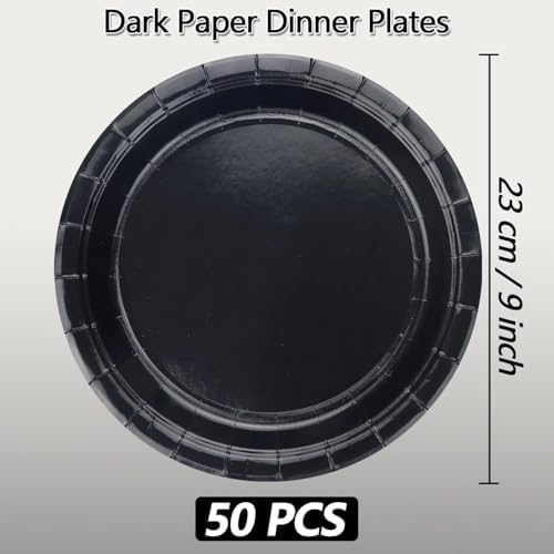 50 Pcs Black Paper Plates 9 Inch Disposable Round Bulk Dinnerware
