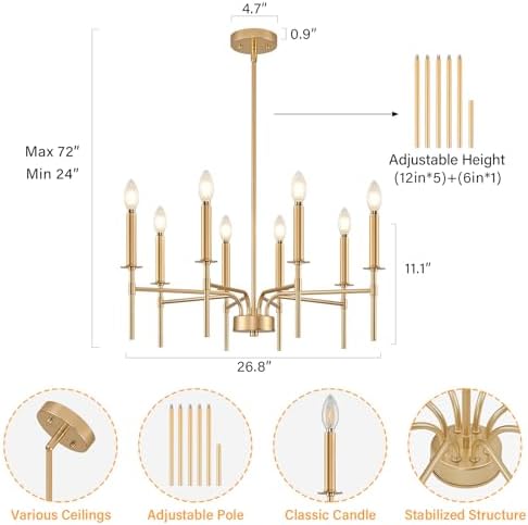8 Light Gold Chandelier for Dining Room and Entryway