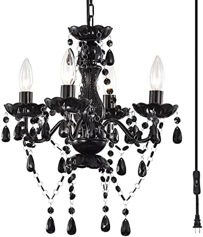 Black Plug In Chandelier 4 Light Crystal Design