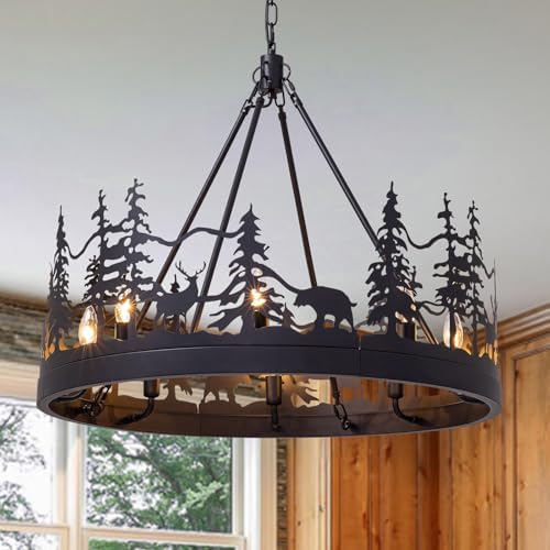 7PM 30-Inch Black Wagon Wheel Chandelier 8-Light