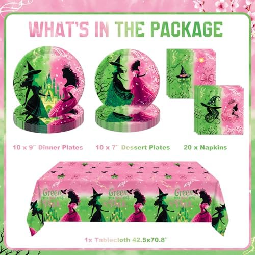 41 PCS Pink Green Witch Party Decorations Plates Napkins Tablecloth