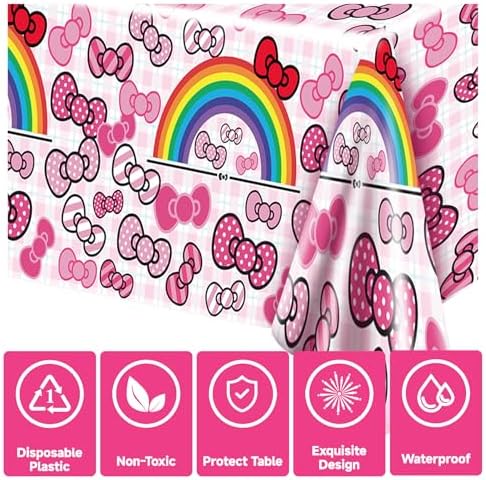 3Pcs Pink Bow Tie Birthday Decorations Cartoon Cat Tablecloths for Kids Party Supplies