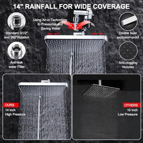 14 Inch Tandem Shower Head System with 10 Spray Modes and Adjustable Arm