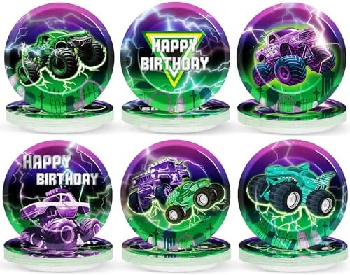 CHUNNIN 60Pcs Monster Truck Party Plates 9in Racing Car Theme