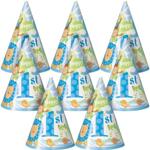 Safari 1st Birthday Party Cone Hats Blue 8 Pcs