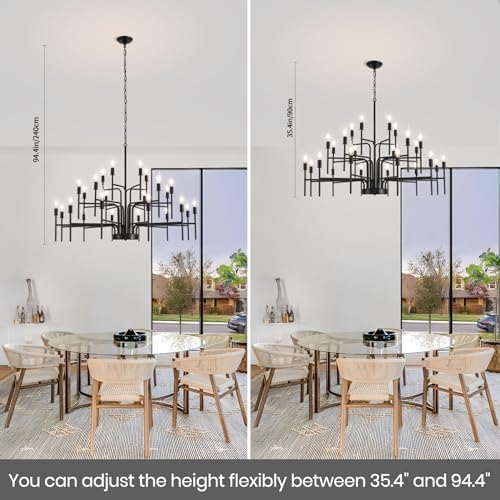 Modern Farmhouse 24 Light Black Chandelier for Dining Room