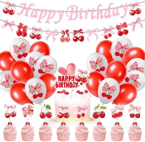Cherry Birthday Decorations Set with Banners and Balloons