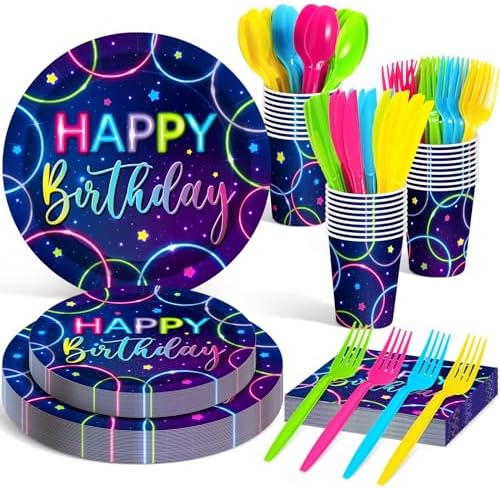 Meanplan Neon Birthday Party Tableware Set for 24 Guests