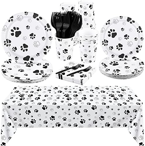 Durony 121 Piece Black Paw Print Party Tableware Set