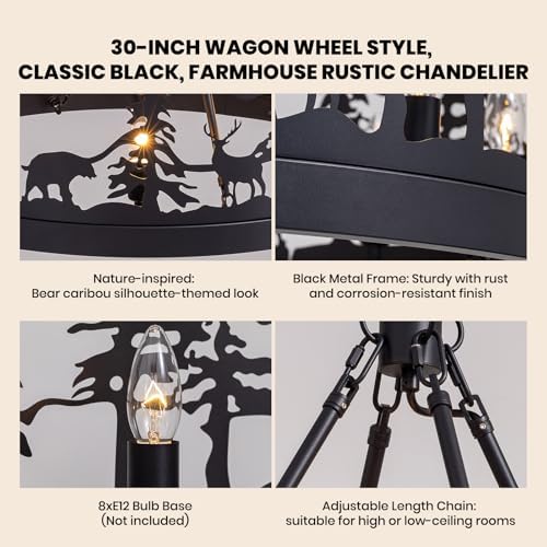 7PM 30-Inch Black Wagon Wheel Chandelier 8-Light
