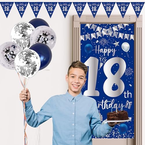 18th Birthday Decorations for Boys Girls Blue Silver Set