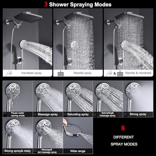 14 Inch Rainfall Shower Head with 8 Handheld Spray and Power Wash