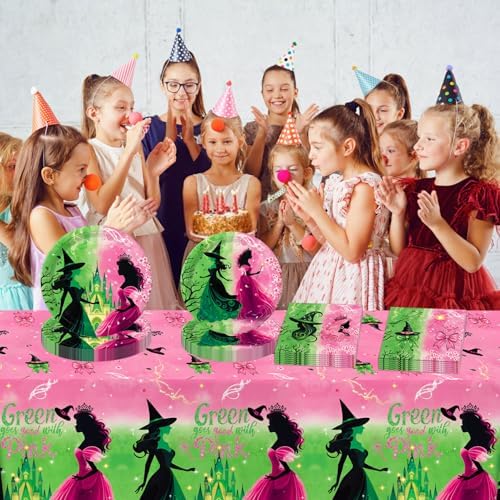 41 PCS Pink Green Witch Party Decorations Plates Napkins Tablecloth