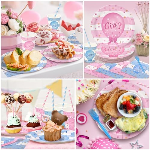 300Pcs Gender Reveal Party Tableware Set with Plates Cups Napkins Forks Straws