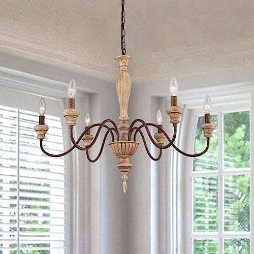 French Country 6-Light Chandelier with Distressed Wood Design