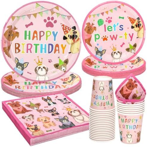 Pink Dog Birthday Plates Cups Napkins Set 96 Pcs