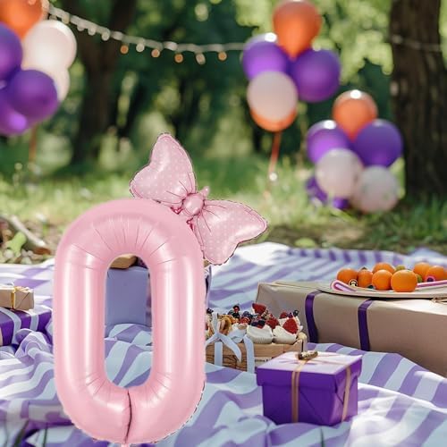 40in Number 0 Balloon with Bow Pink Birthday Decor