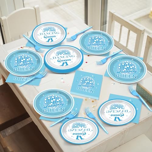 96Pcs Dancing Queen Blue Disco Party Plates Napkins Set for 24 Guests