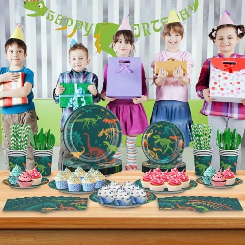 ZIRICHER Dinosaur Party Tableware Set for Kids Boy Serve 24