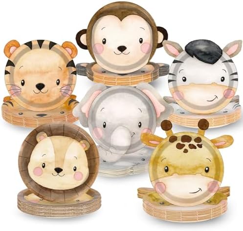 60 Count Safari Animal Shaped Paper Plates Party Decorations