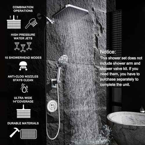 14 Inch Tandem Shower Head System with 10 Spray Modes and Adjustable Arm