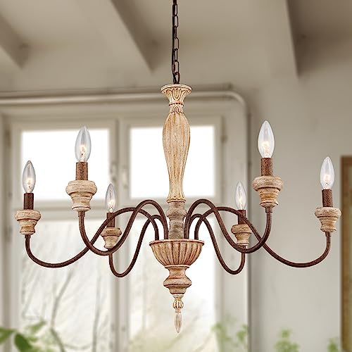 French Country 6-Light Chandelier with Distressed Wood Design