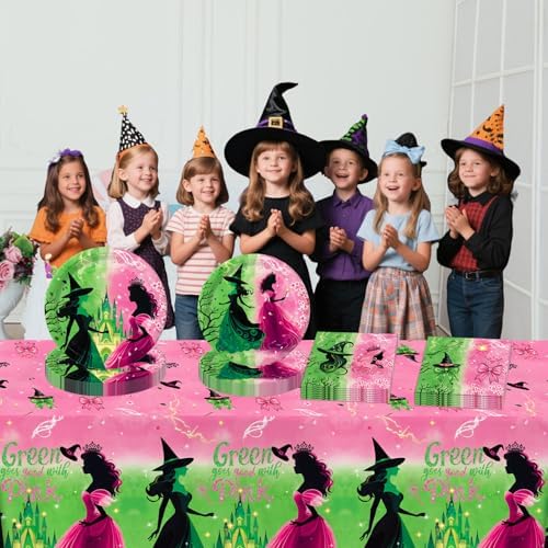 41 PCS Pink Green Witch Party Decorations Plates Napkins Tablecloth
