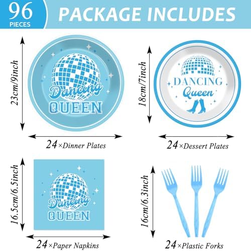 96Pcs Dancing Queen Blue Disco Party Plates Napkins Set for 24 Guests