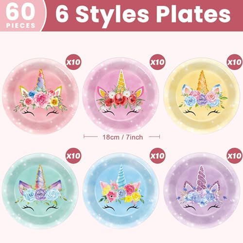 60PCS Unicorn Themed Paper Plates with 7In Design
