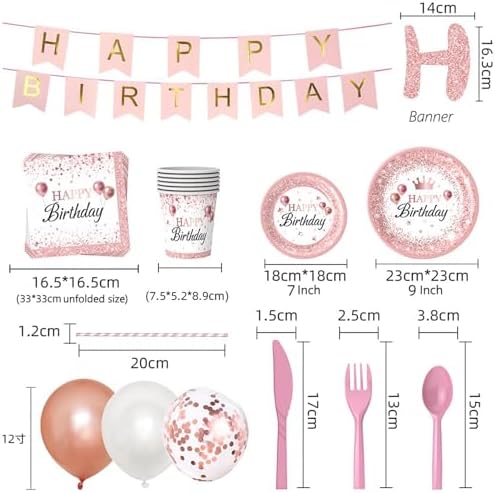 212Pcs Pink Rose Gold Plates Napkins Birthday Party Set