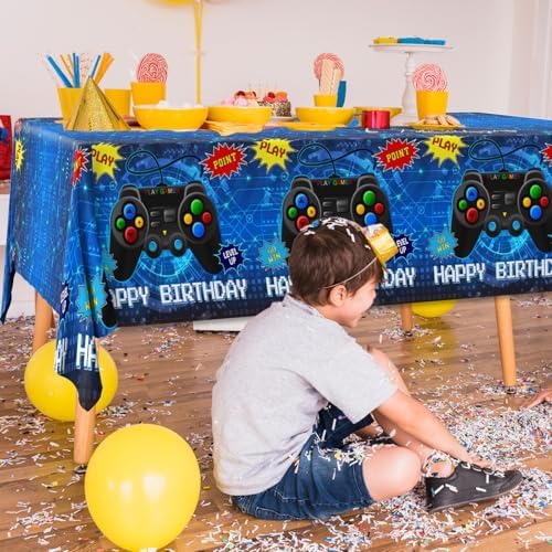 Gamer Birthday Party Tablecloth 3pcs Blue Game Theme Decor