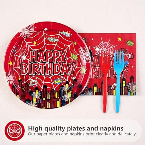 Grencian 96Pcs Spider Birthday Plates Set for 6th Birthday Celebrations