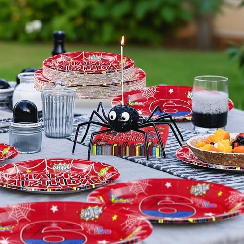 Grencian 96Pcs Spider Birthday Plates Set for 6th Birthday Celebrations