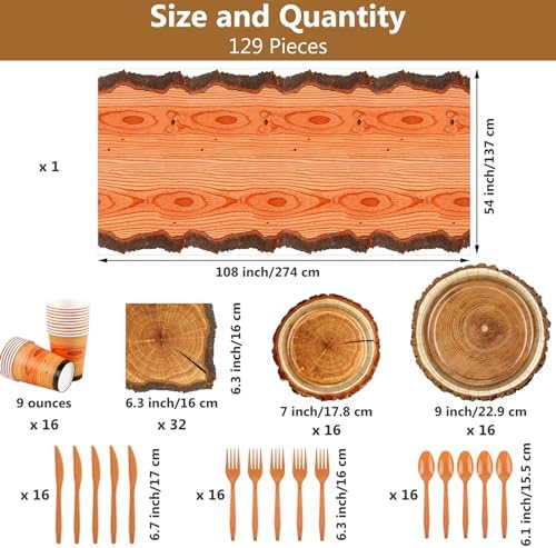 Durony 129 Piece Camping Birthday Party Plate Tablecloth Set
