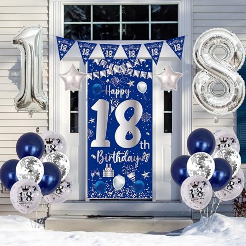 18th Birthday Decorations for Boys Girls Blue Silver Set
