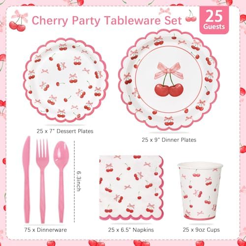 Cherry Themed Party Plates Set 175pcs for 25 Guests