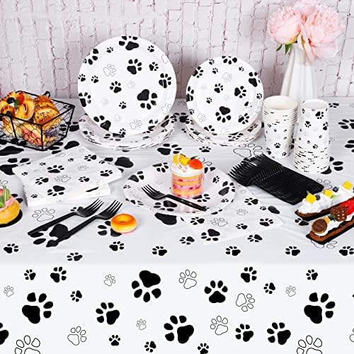 Durony 121 Piece Black Paw Print Party Tableware Set