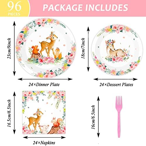 Tevxj 96PCS Woodland Baby Shower Tableware Set for 24 Guests