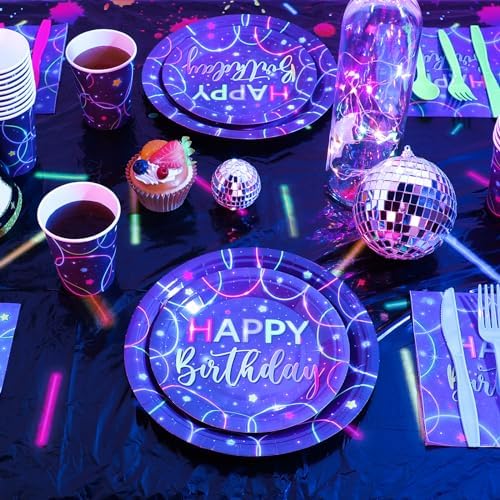 Meanplan Neon Birthday Party Tableware Set for 24 Guests