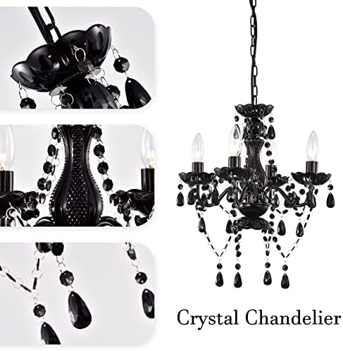 Black Plug In Chandelier 4 Light Crystal Design