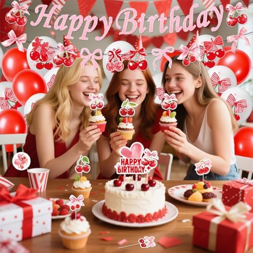 Cherry Birthday Decorations Set with Banners and Balloons