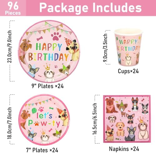 Pink Dog Birthday Plates Cups Napkins Set 96 Pcs