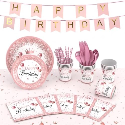 212Pcs Pink Rose Gold Plates Napkins Birthday Party Set