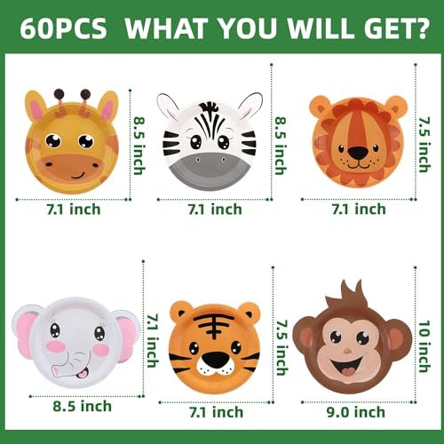 Safari Jungle Animal Shaped Paper Plates 60PCS