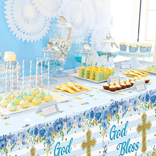 3 Pack Blue Baby Boy Baptism Tablecloths Flower Theme Waterproof