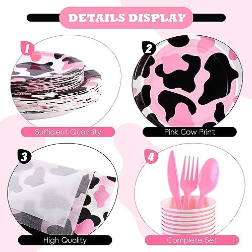 Durony 210 Piece Pink Cow Print Tableware Set