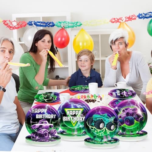 CHUNNIN 60Pcs Monster Truck Party Plates 9in Racing Car Theme